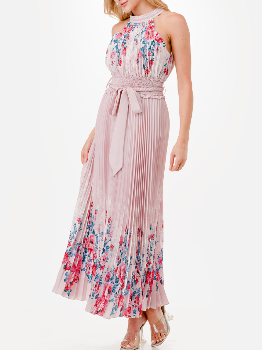 Halter Floral Print Trim Detail Pleated Maxi Dress