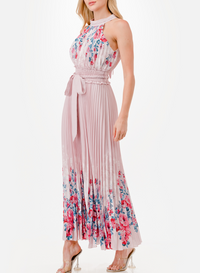 Halter Floral Print Trim Detail Pleated Maxi Dress