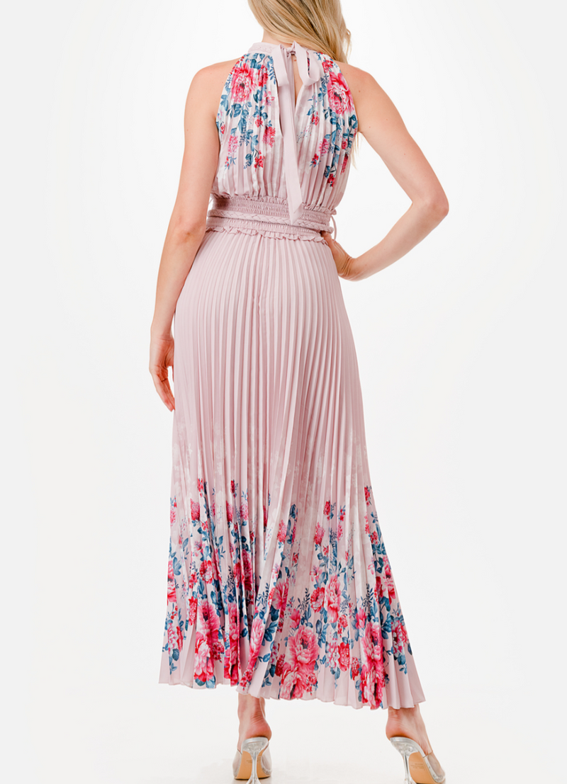 Halter Floral Print Trim Detail Pleated Maxi Dress