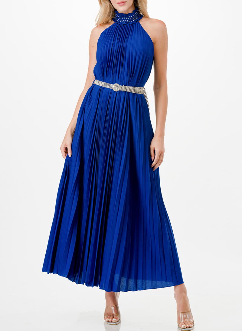 Sleeveless Embellished Halter Neck Pleated Maxi Dress with Belt