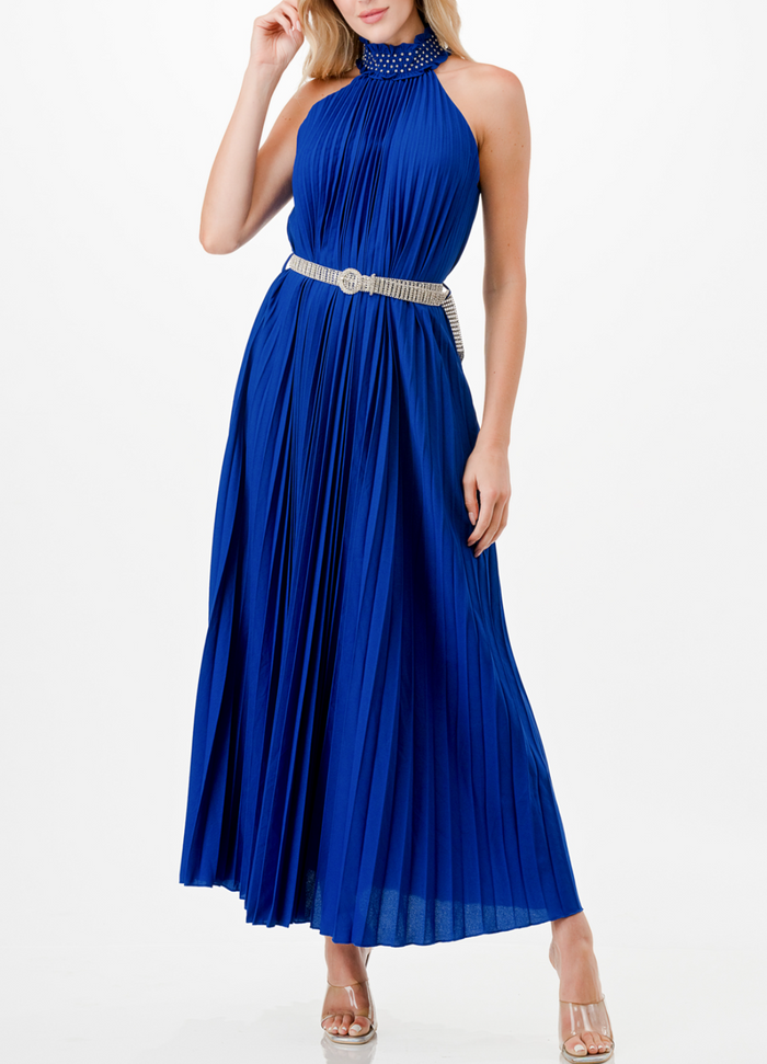 Sleeveless Embellished Halter Neck Pleated Maxi Dress with Belt