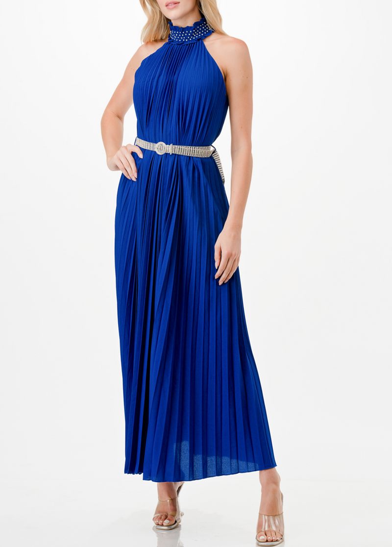 Sleeveless Embellished Halter Neck Pleated Maxi Dress with Belt