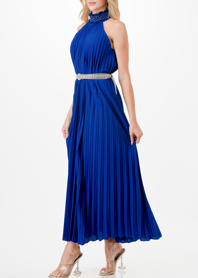 Sleeveless Embellished Halter Neck Pleated Maxi Dress with Belt