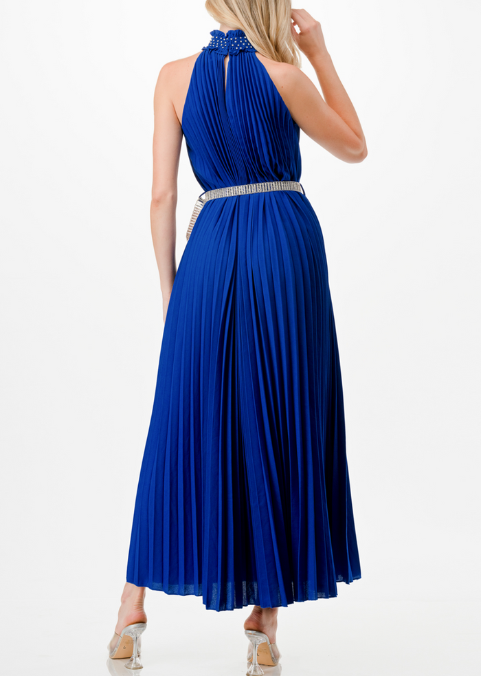 Sleeveless Embellished Halter Neck Pleated Maxi Dress with Belt