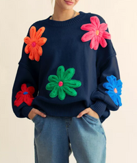 Multi-Color Knit Floral Patched Daisy Pullover Sweater Top