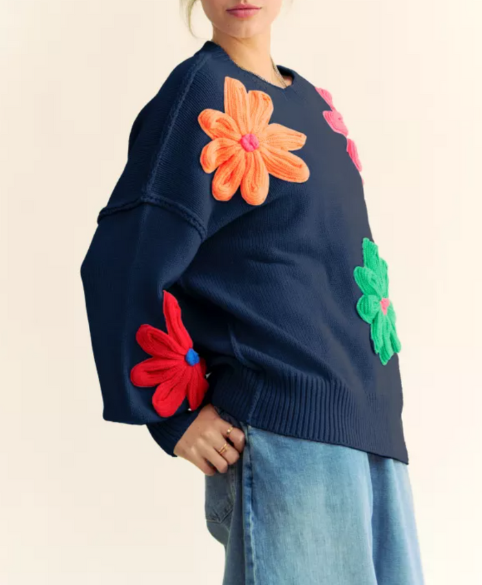 Multi-Color Knit Floral Patched Daisy Pullover Sweater Top