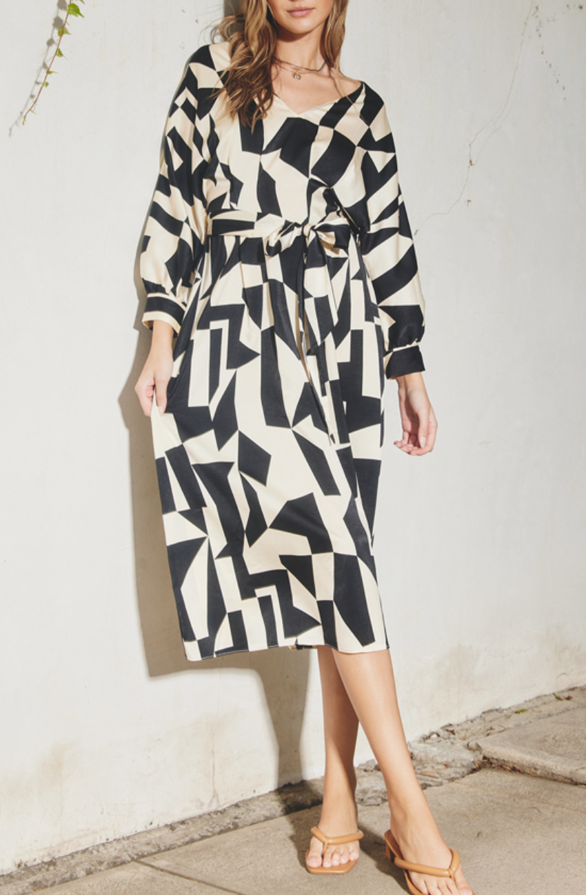 Geometric Print V-Neck Satin Midi Dress