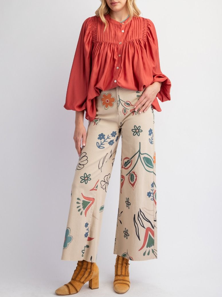 Printed Washed Twill Wide Pants