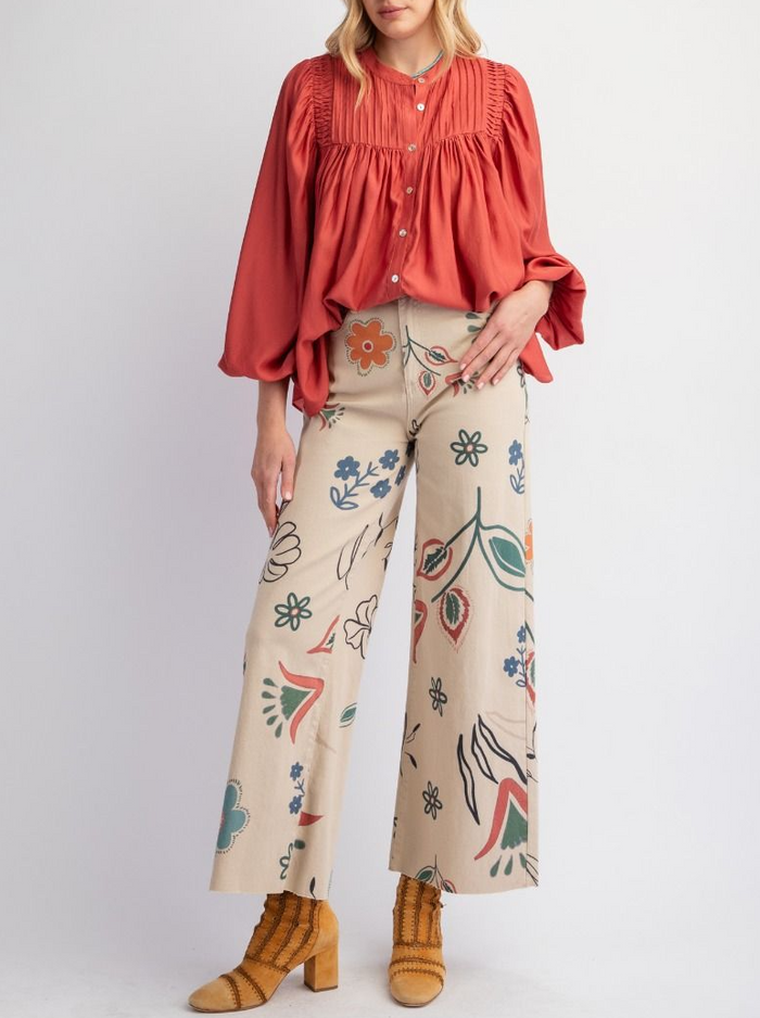 Printed Washed Twill Wide Pants