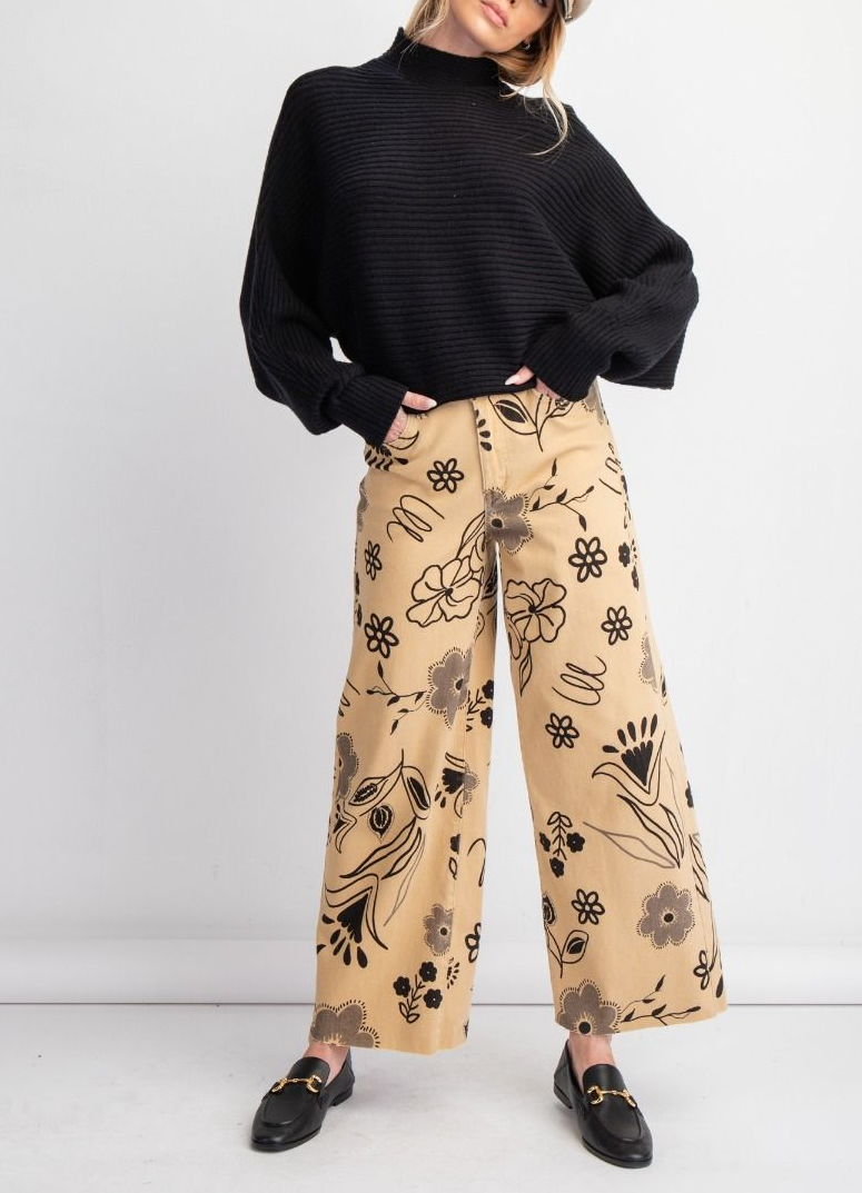 Printed Washed Twill Wide Pants