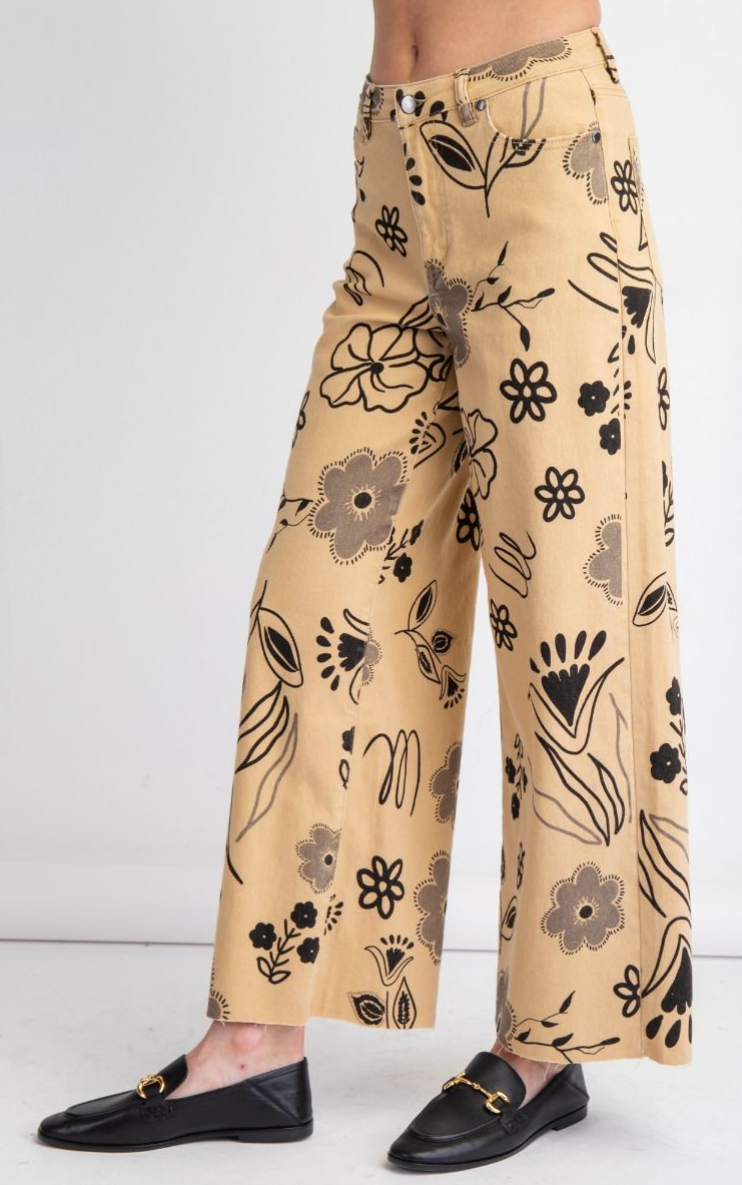 Printed Washed Twill Wide Pants