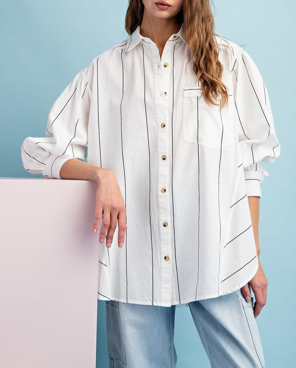 Soft Wash Striped Long Sleeve Blouse Top