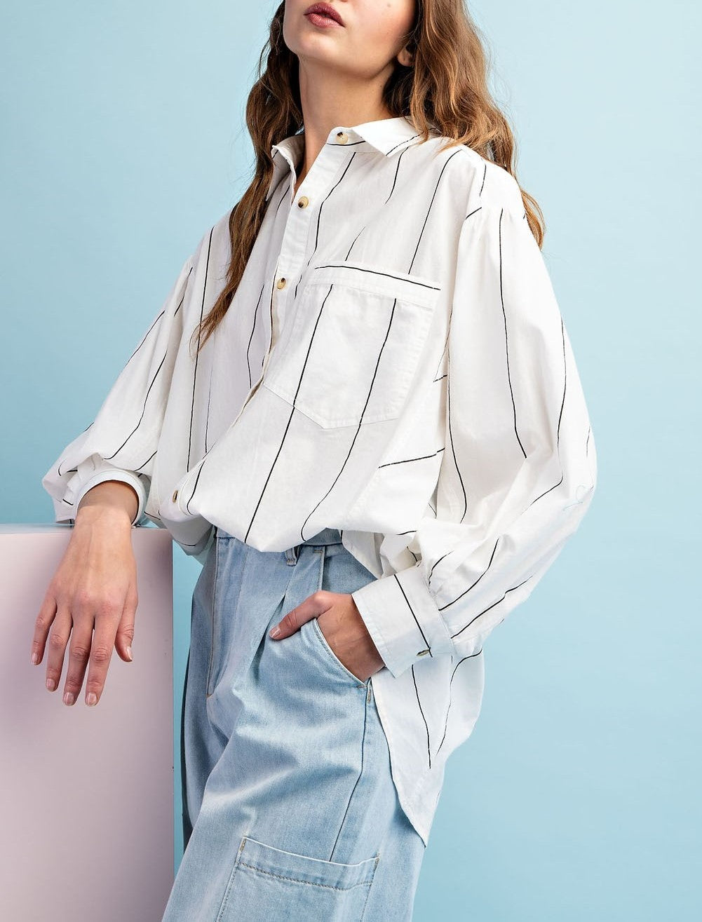 Soft Wash Striped Long Sleeve Blouse Top