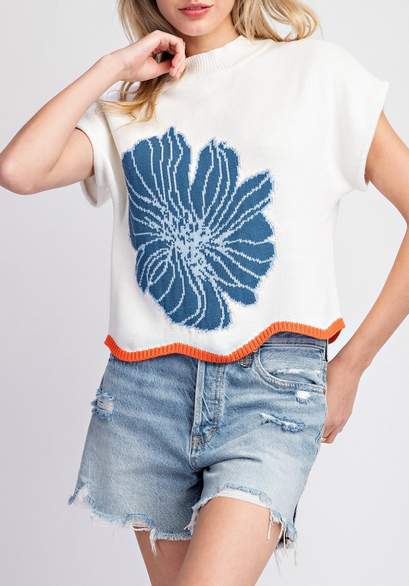 Flower Stitch Short Sleeve Sweater Top