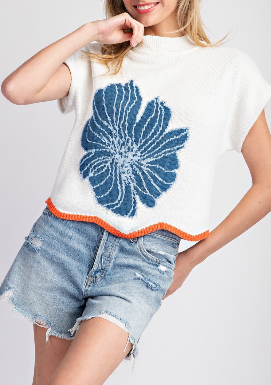 Flower Stitch Short Sleeve Sweater Top