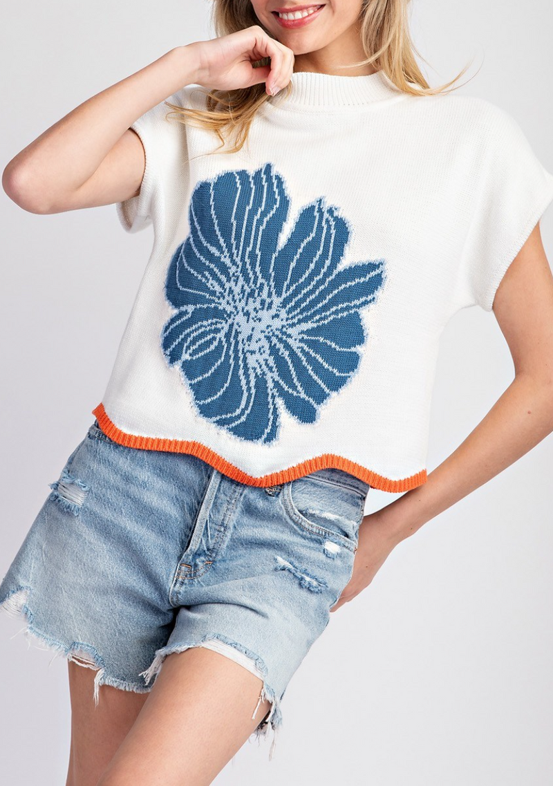 Flower Stitch Short Sleeve Sweater Top