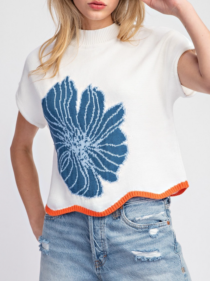 Flower Stitch Short Sleeve Sweater Top