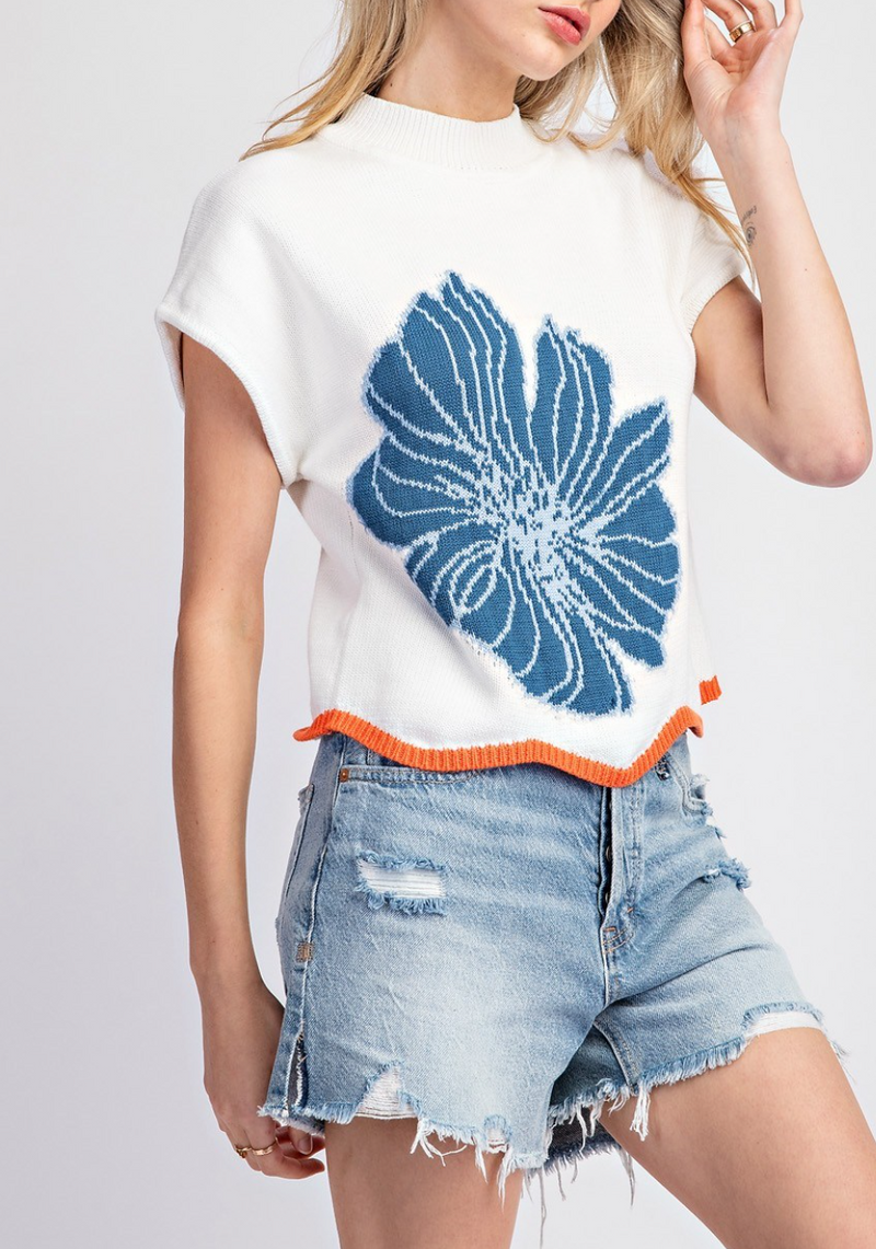 Flower Stitch Short Sleeve Sweater Top