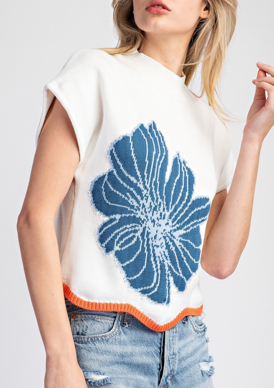 Flower Stitch Short Sleeve Sweater Top