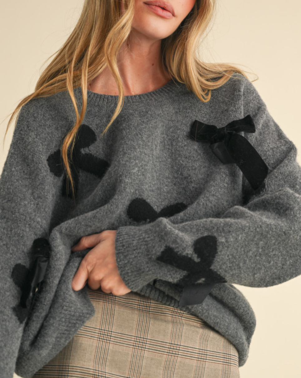 Bow Pattern Sweater with Velvet Bows