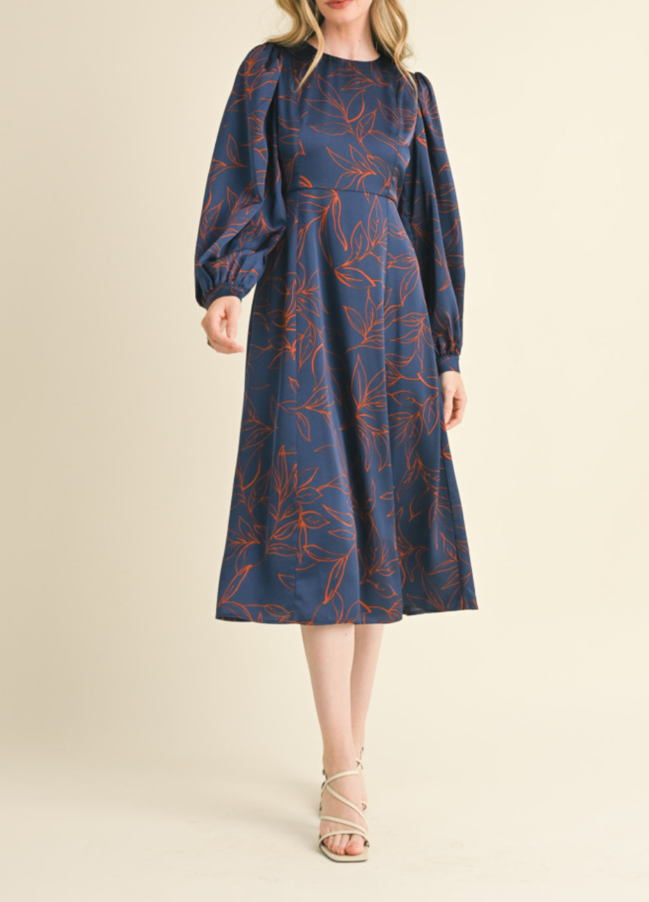 Long Balloon Sleeve Printed Midi Dress