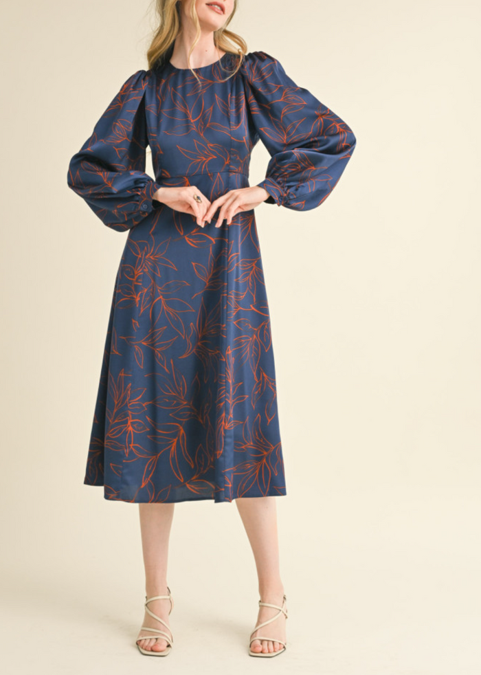 Long Balloon Sleeve Printed Midi Dress