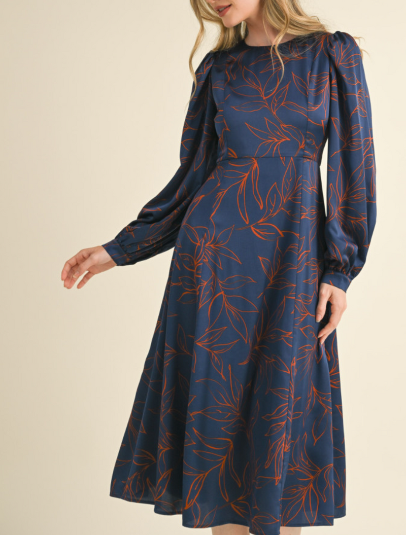 Long Balloon Sleeve Printed Midi Dress