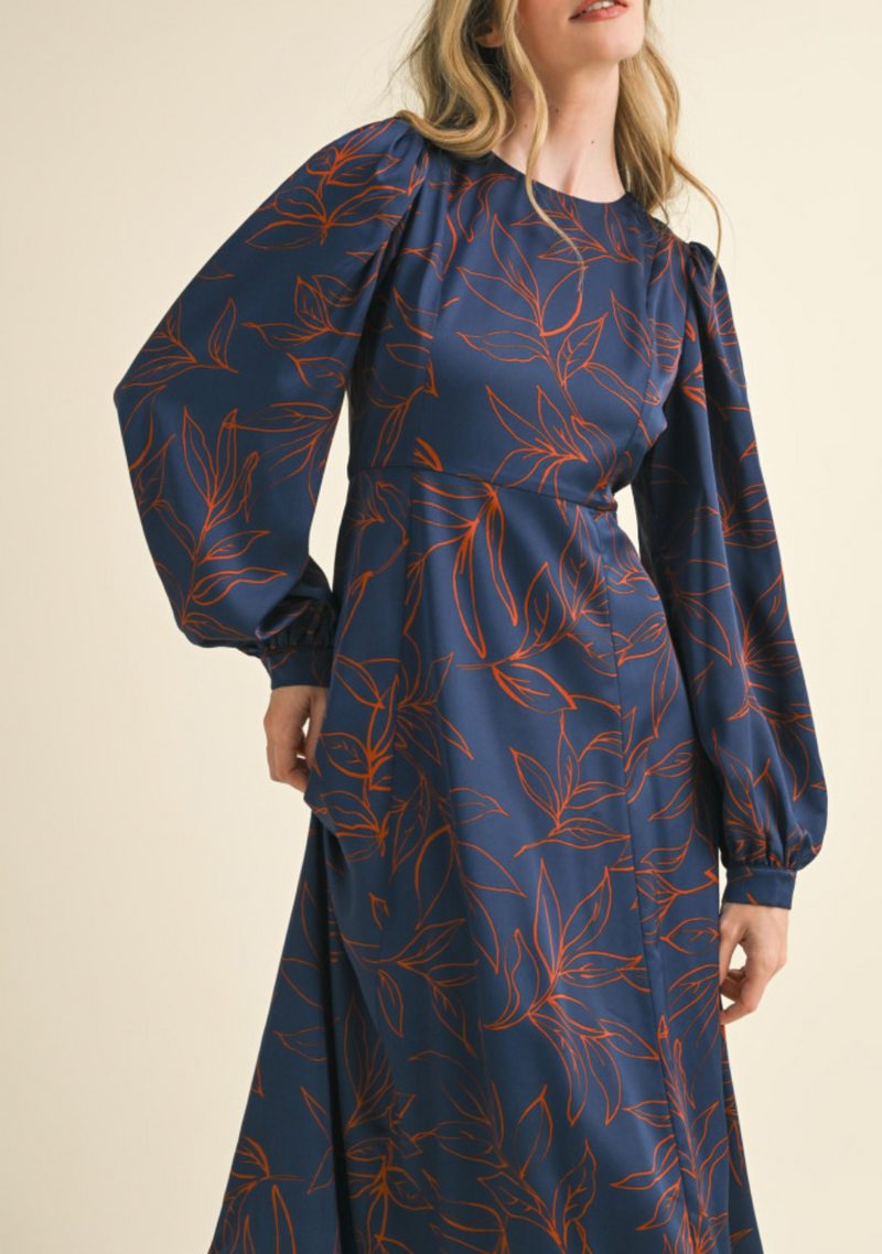 Long Balloon Sleeve Printed Midi Dress