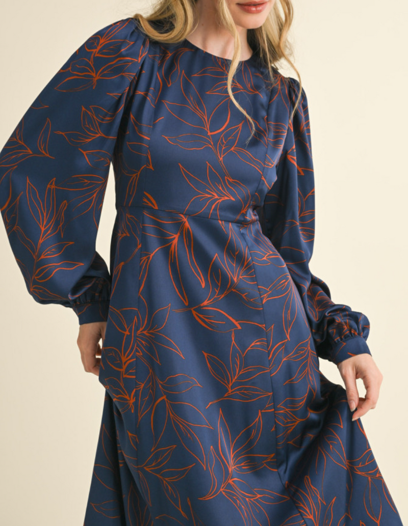 Long Balloon Sleeve Printed Midi Dress