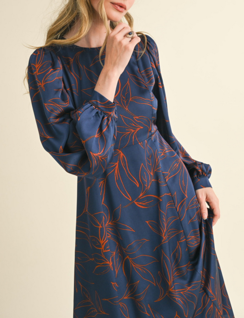 Long Balloon Sleeve Printed Midi Dress