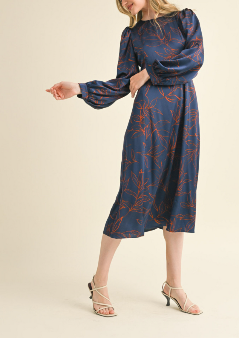 Long Balloon Sleeve Printed Midi Dress