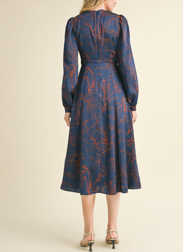 Long Balloon Sleeve Printed Midi Dress