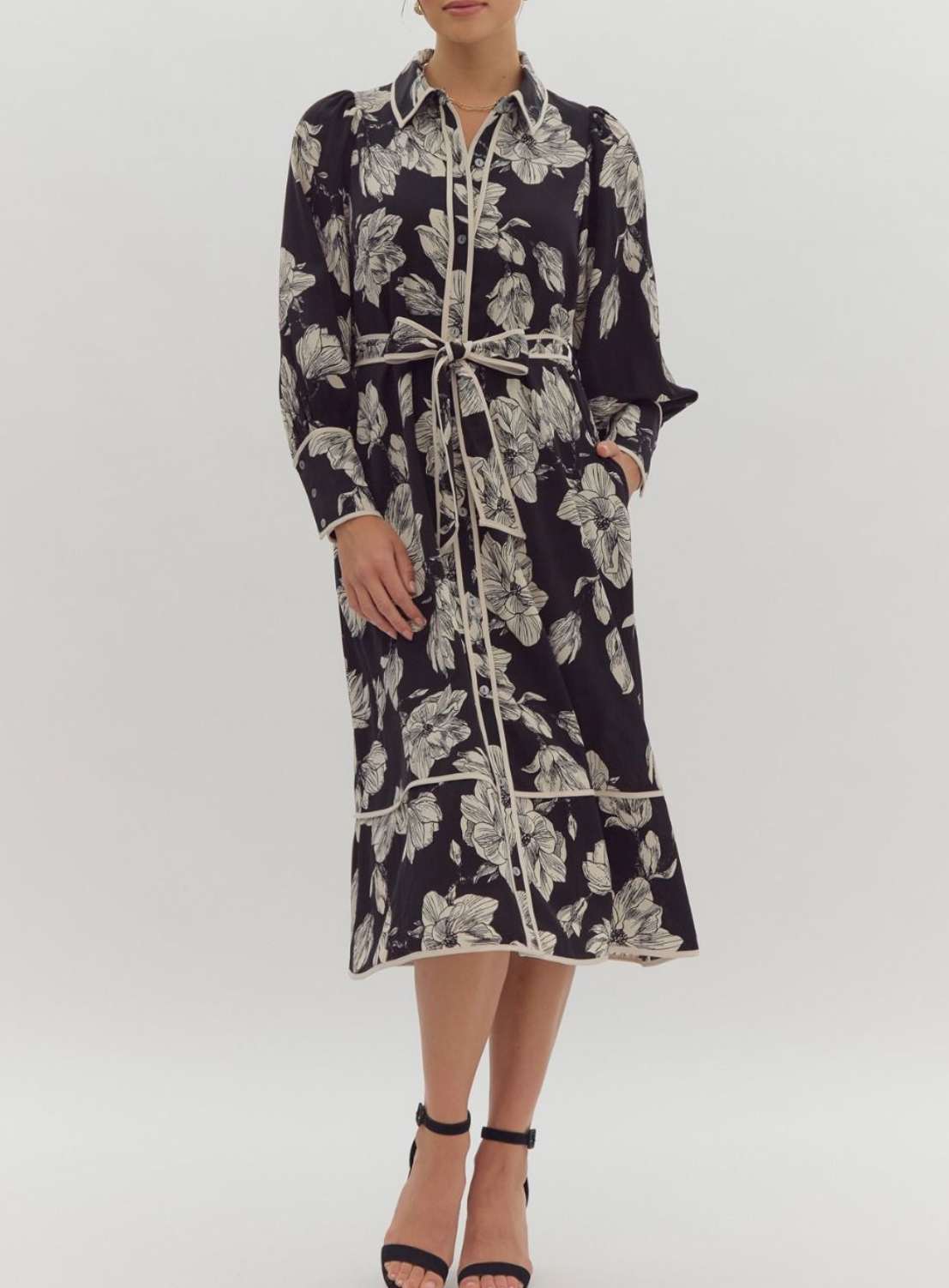 Floral Print Long Sleeve Button-Up Collared Midi Dress