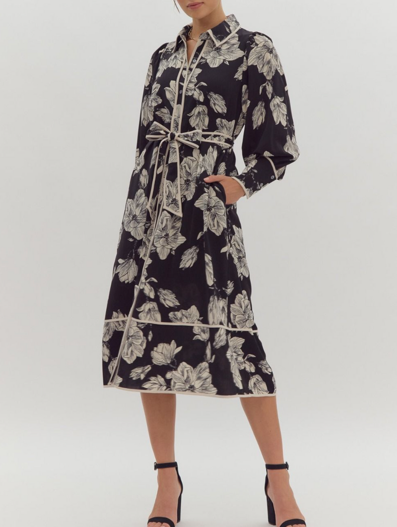 Floral Print Long Sleeve Button-Up Collared Midi Dress