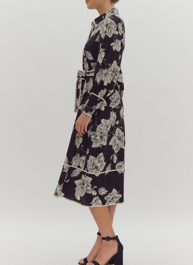 Floral Print Long Sleeve Button-Up Collared Midi Dress