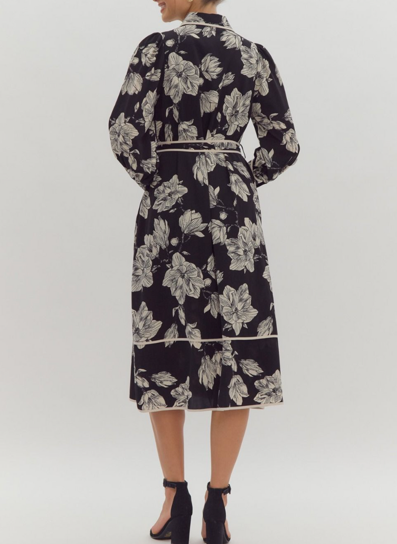 Floral Print Long Sleeve Button-Up Collared Midi Dress