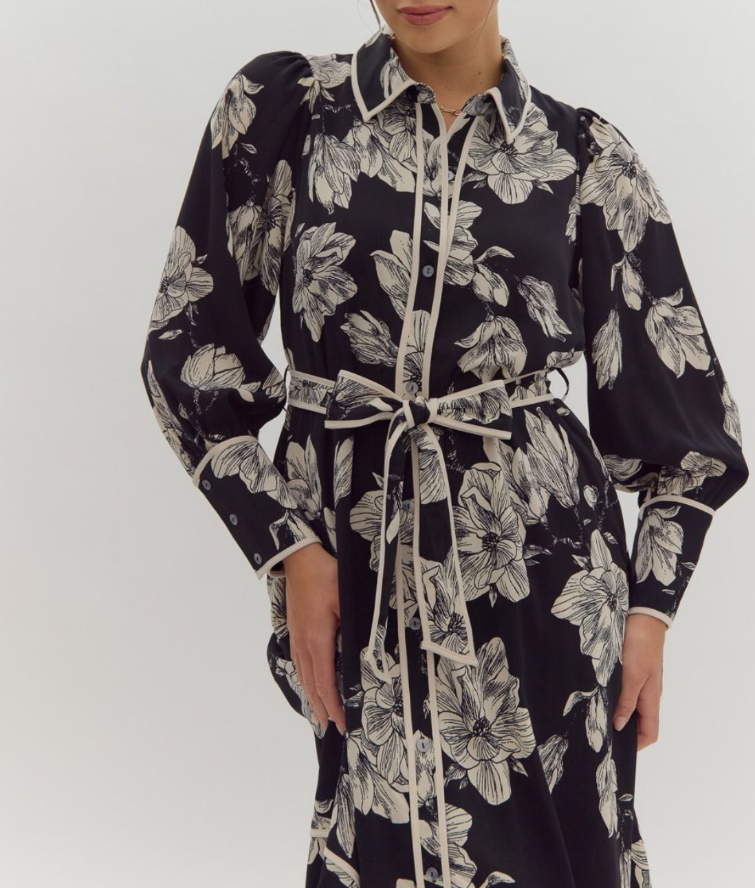 Floral Print Long Sleeve Button-Up Collared Midi Dress