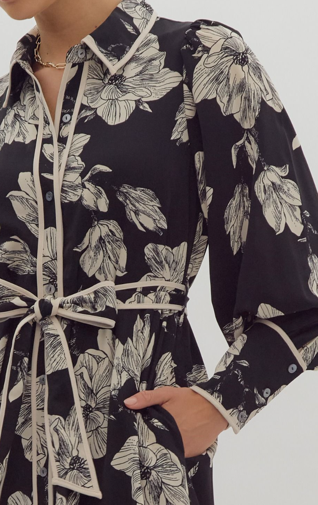 Floral Print Long Sleeve Button-Up Collared Midi Dress