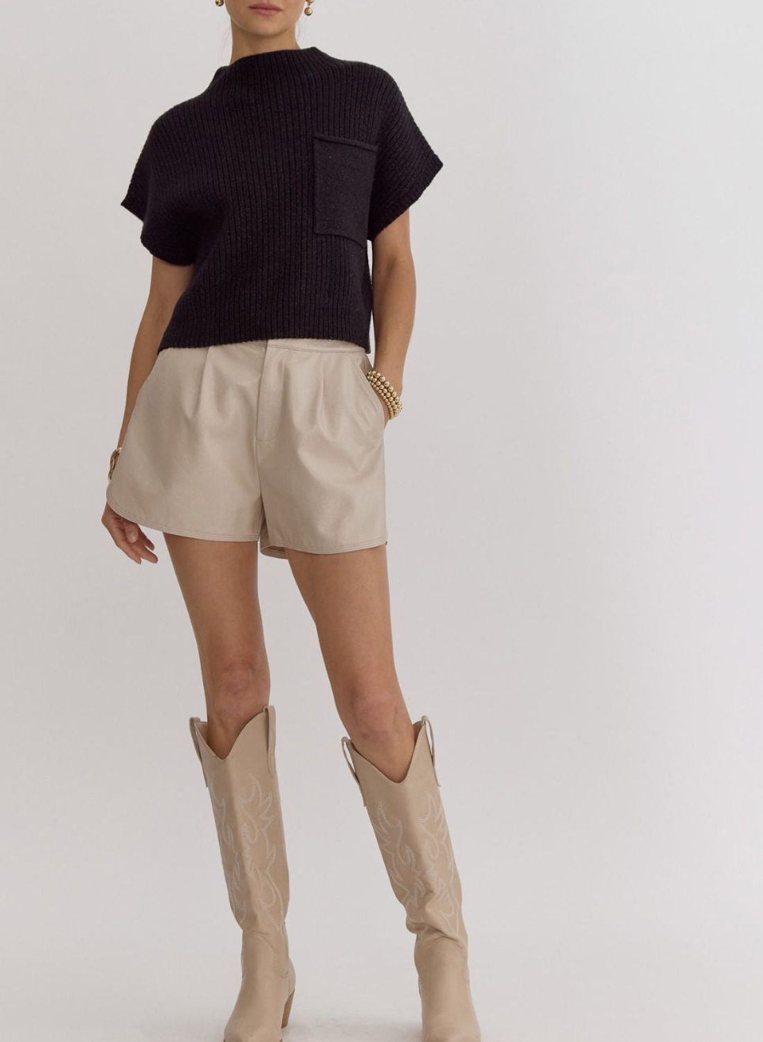 Solid Knitted Mock Neck Cropped Top