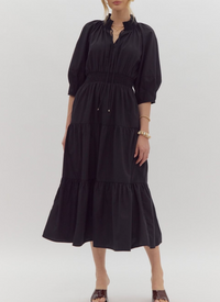 Solid V-Neck Half-Sleeve Tiered Midi Dress