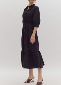 Solid V-Neck Half-Sleeve Tiered Midi Dress