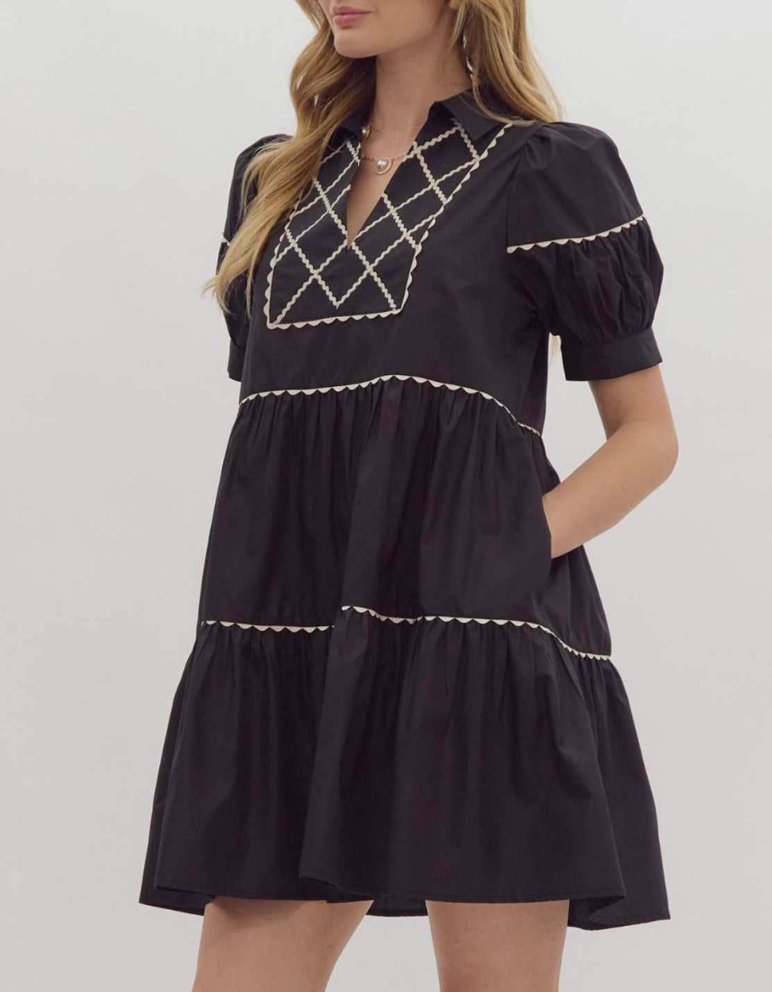 Solid V-Neck Puff Sleeve Collared Mini Dress