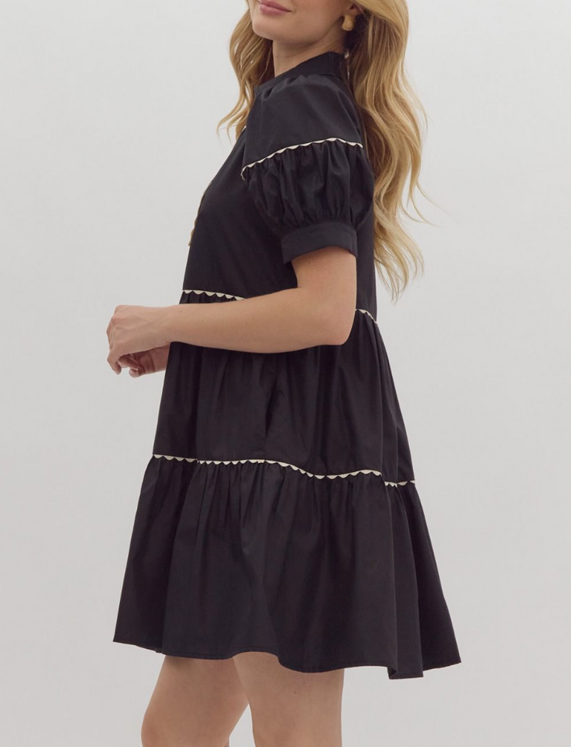 Solid V-Neck Puff Sleeve Collared Mini Dress