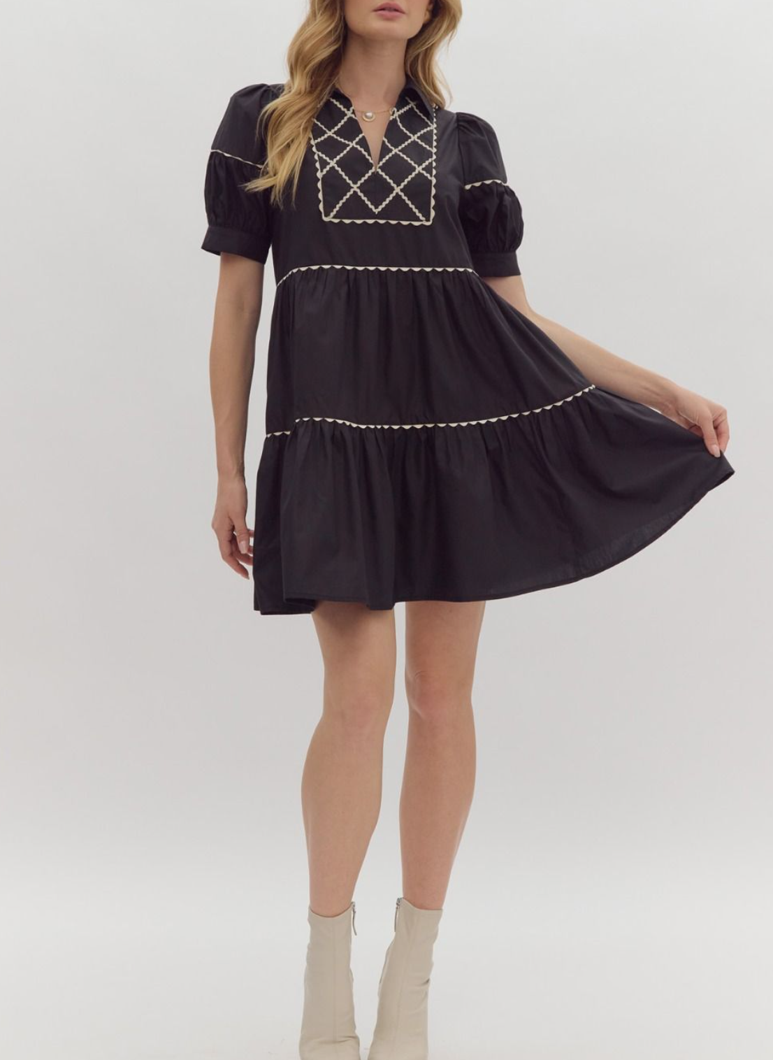 Solid V-Neck Puff Sleeve Collared Mini Dress