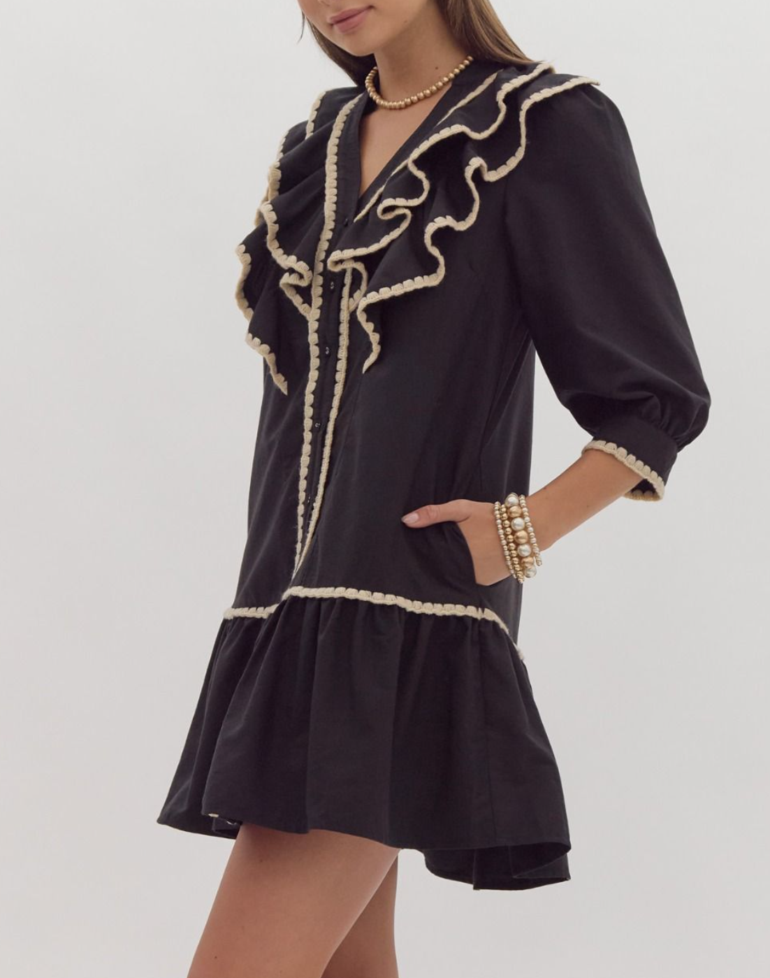 Solid Button-Up Ruffled Mini Dress