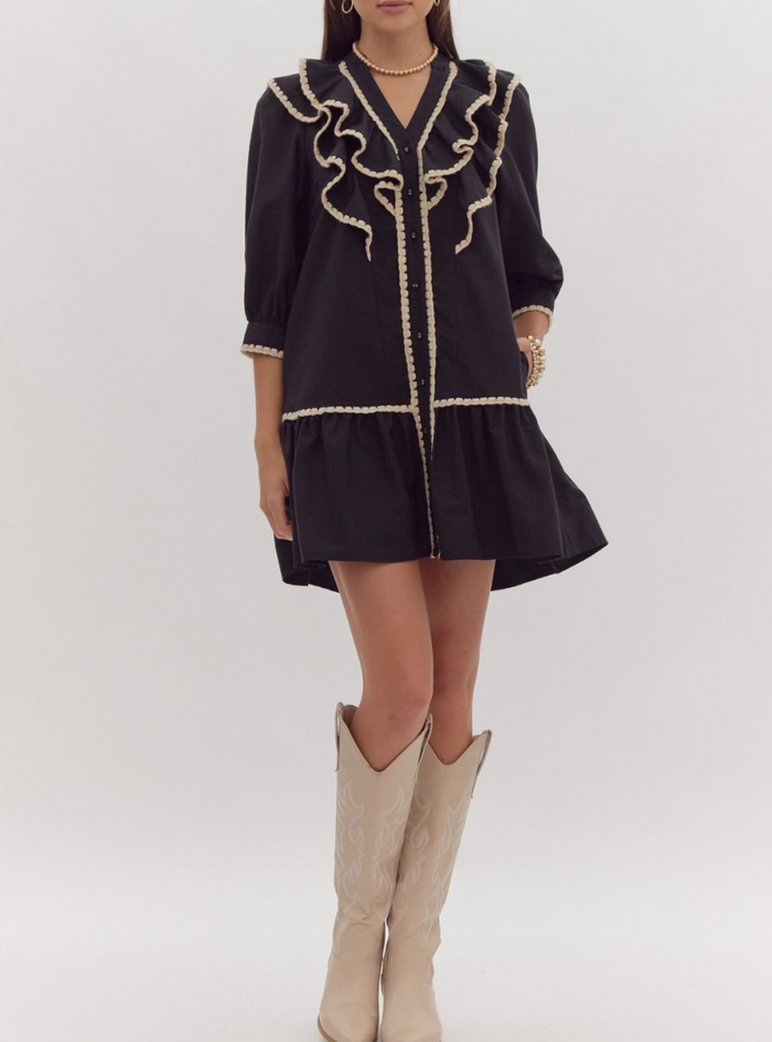 Solid Button-Up Ruffled Mini Dress