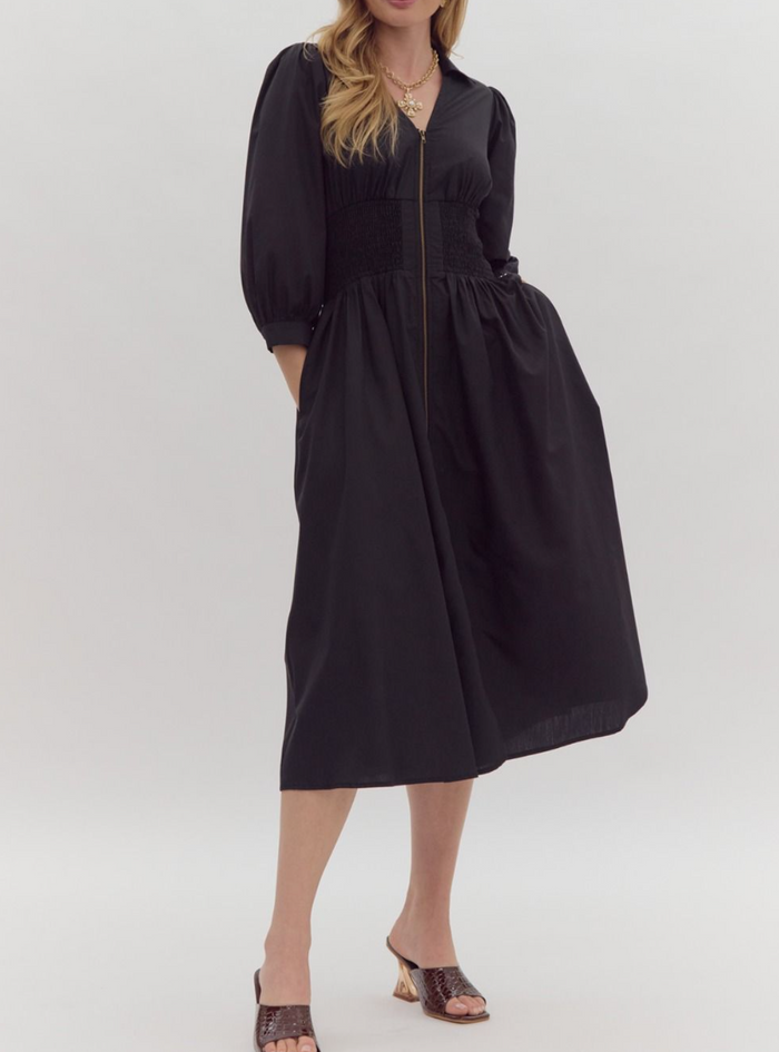 Solid 3/4 Sleeve Collared Zip-Up Midi Dress