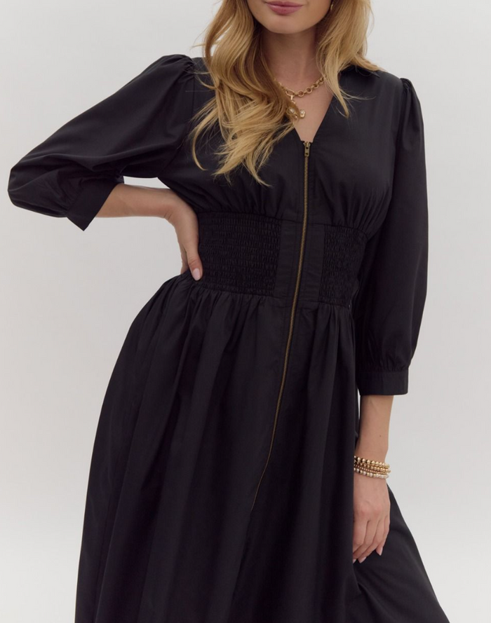 Solid 3/4 Sleeve Collared Zip-Up Midi Dress