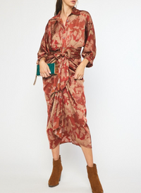 Printed 3/4 Sleeve Button-Down Maxi Dress with Self-Tie Detail at Waist