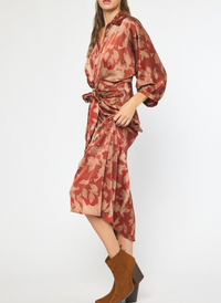 Printed 3/4 Sleeve Button-Down Maxi Dress with Self-Tie Detail at Waist